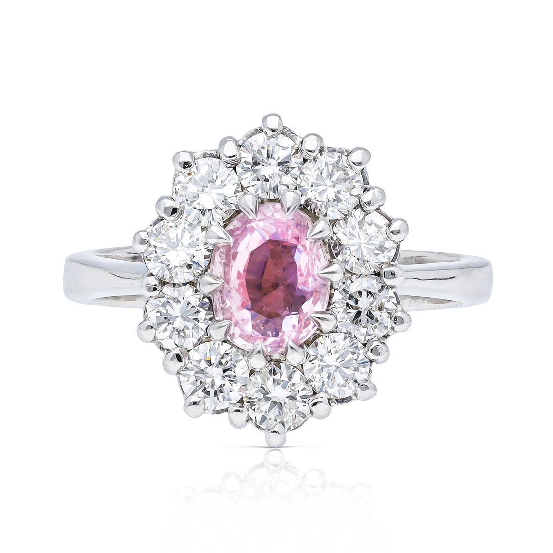 Vintage, peach-pink oval sapphire and diamond cluster engagement ring ...