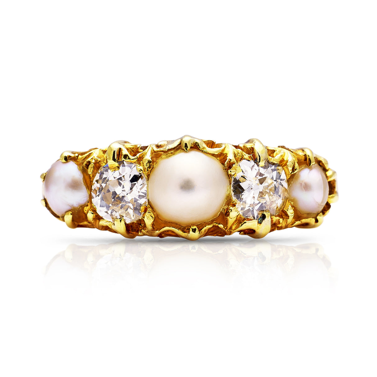 Victorian, Pearl and Diamond Five Stone Half Hoop Ring, 18ct Yellow Gold