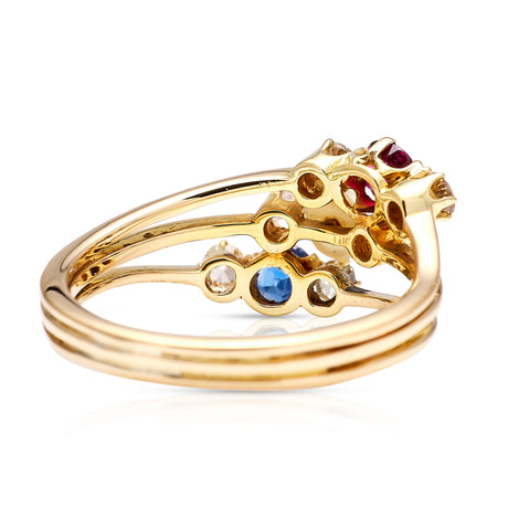 Antique Victorian, sapphire, ruby and pearl ring, 18ct yellow gold