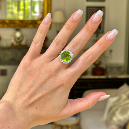 Vintage, 9.5ct Green Peridot and Diamond Cluster Cocktail Ring, 18ct Yellow Gold