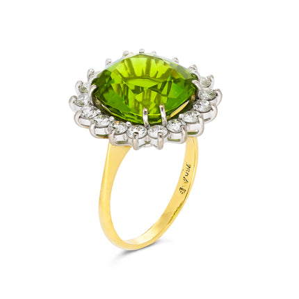 Vintage, 9.5ct Green Peridot and Diamond Cluster Cocktail Ring, 18ct Yellow Gold