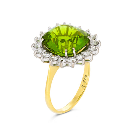 Vintage, 9.50ct Green Peridot and Diamond Cluster Ring, 18ct Yellow Gold