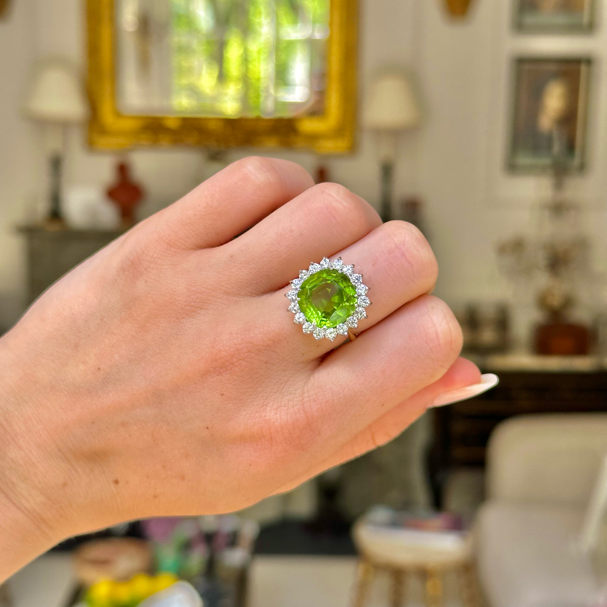 Vintage, 9.50ct green peridot & diamond cluster ring, 18ct yellow gold