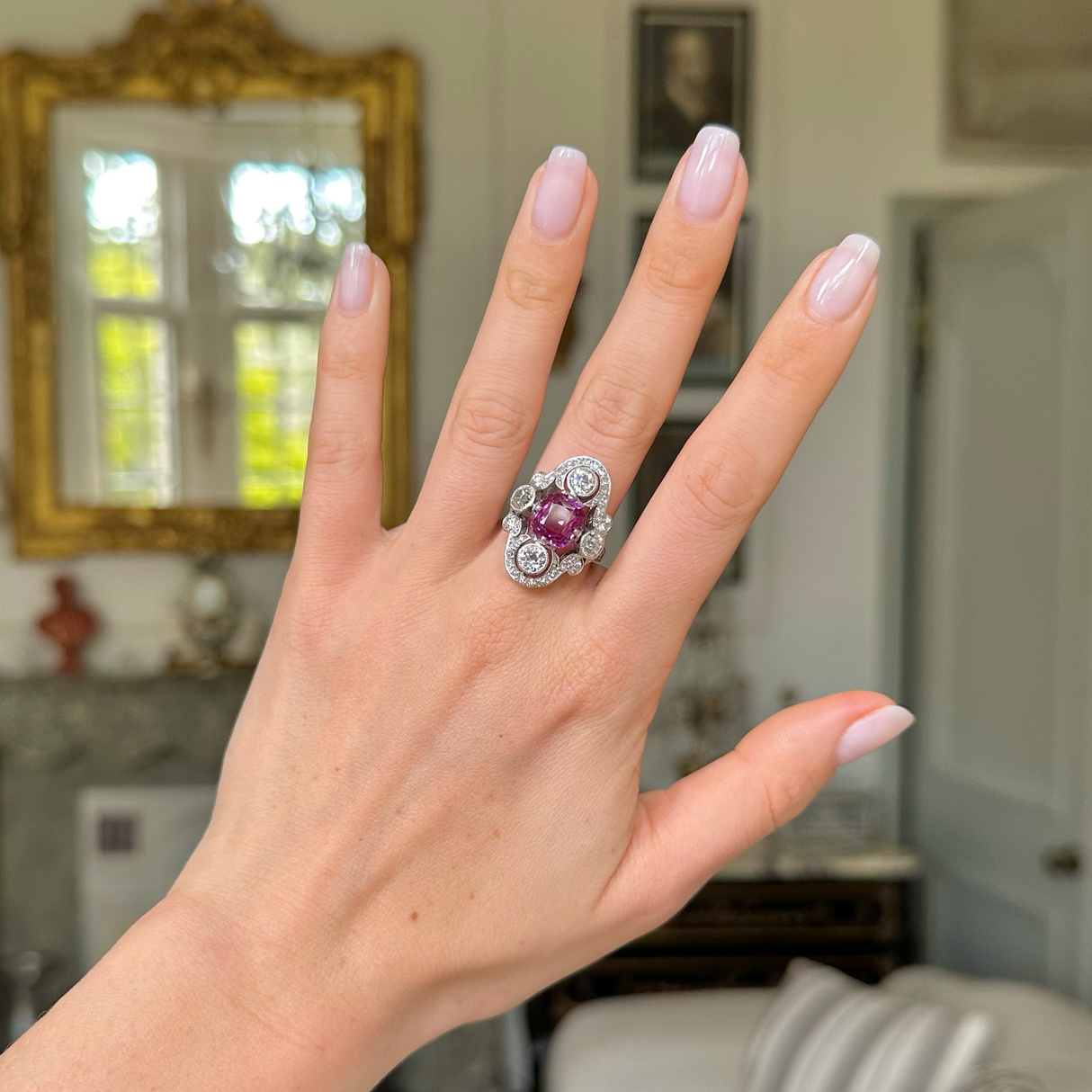 Art Deco, French, Platinum, Pink Sapphire and Diamond Ring