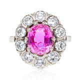 pink sapphire and diamond cluster ring, front view.