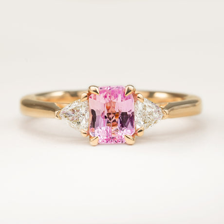 Padparadscha Sapphire and Diamond Three-Stone Engagement Ring