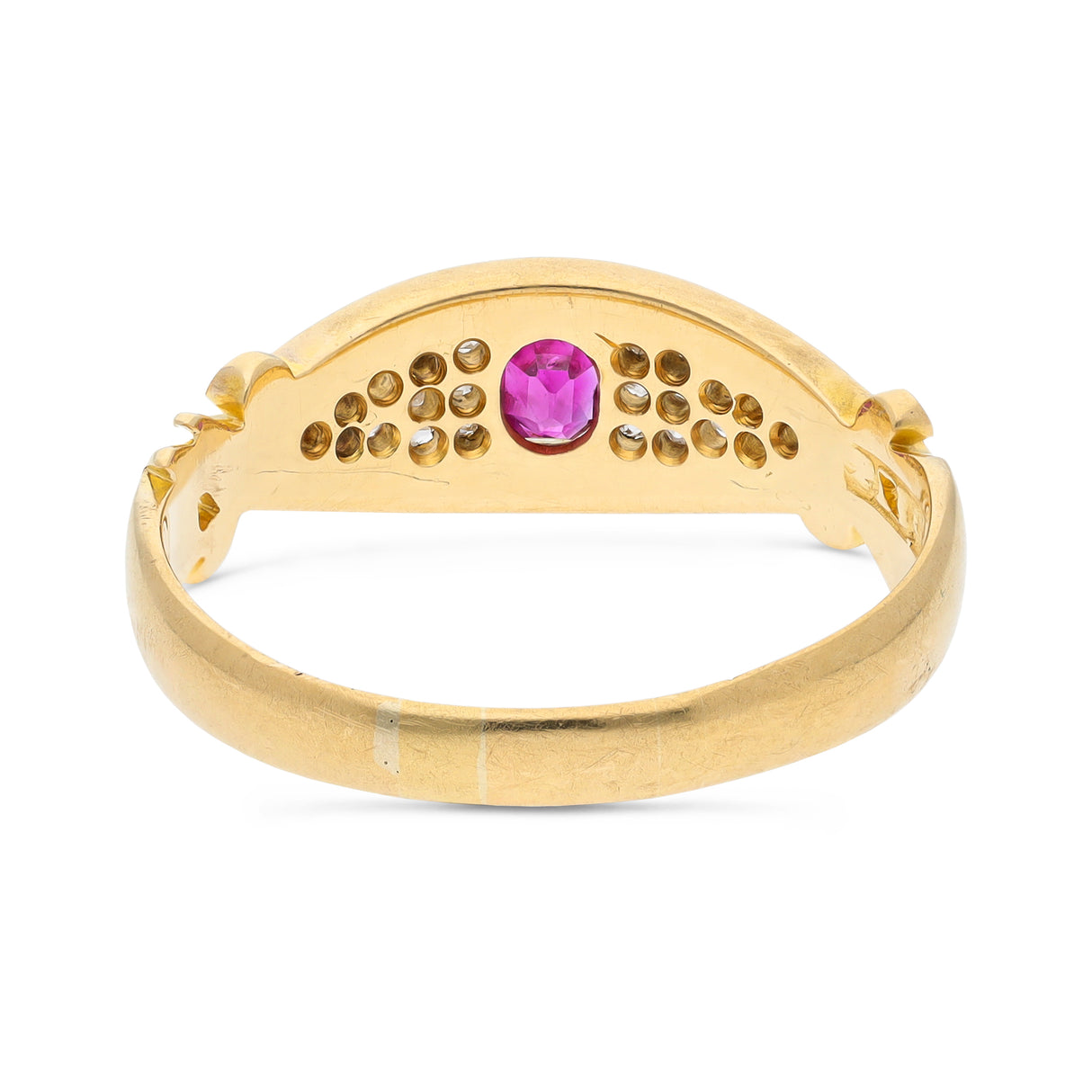 edwardian ruby and diamond 18ct yellow gold band, back view.