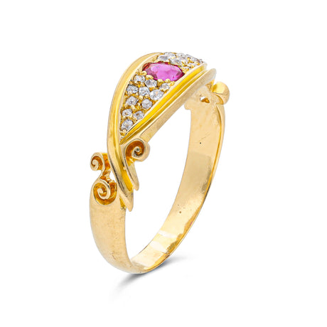 edwardian ruby and diamond 18ct yellow gold band, side view.