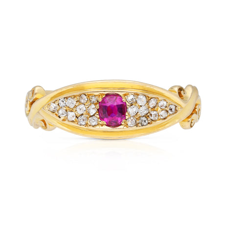 edwardian ruby and diamond 18ct yellow gold band, front view.