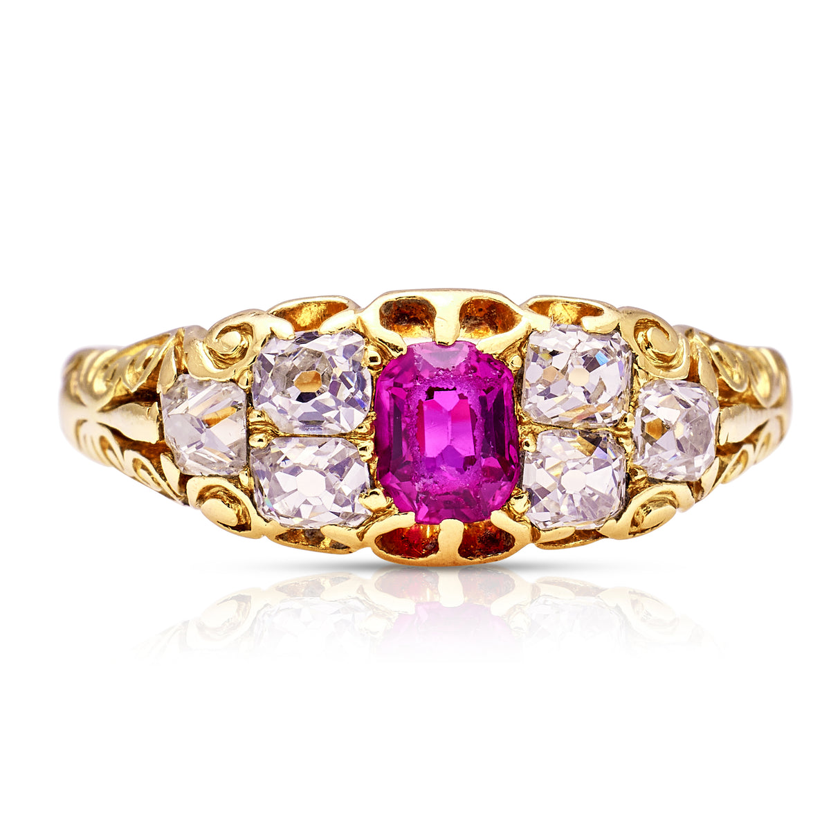 Antique, Victorian Burmese Ruby and Diamond Engagement Ring, 18ct Yellow Gold front view