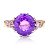 Purple sapphire engagement ring, front view.