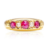 Antique, ruby and diamond five-stone ring, 18ct yellow gold