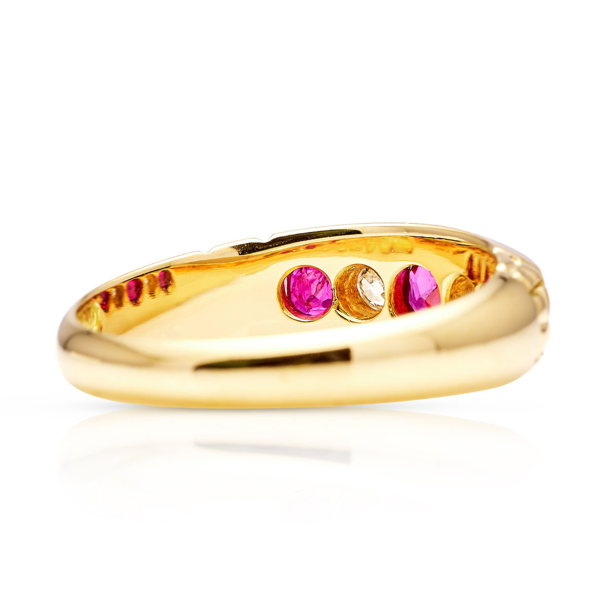 Antique, ruby and diamond five-stone ring, 18ct yellow gold