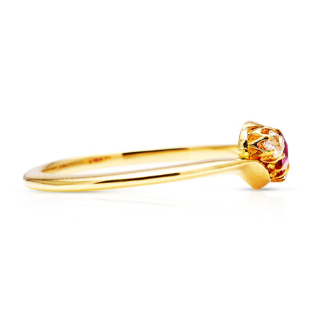 Antique, three-stone spinel and diamond engagement ring, 18ct yellow gold