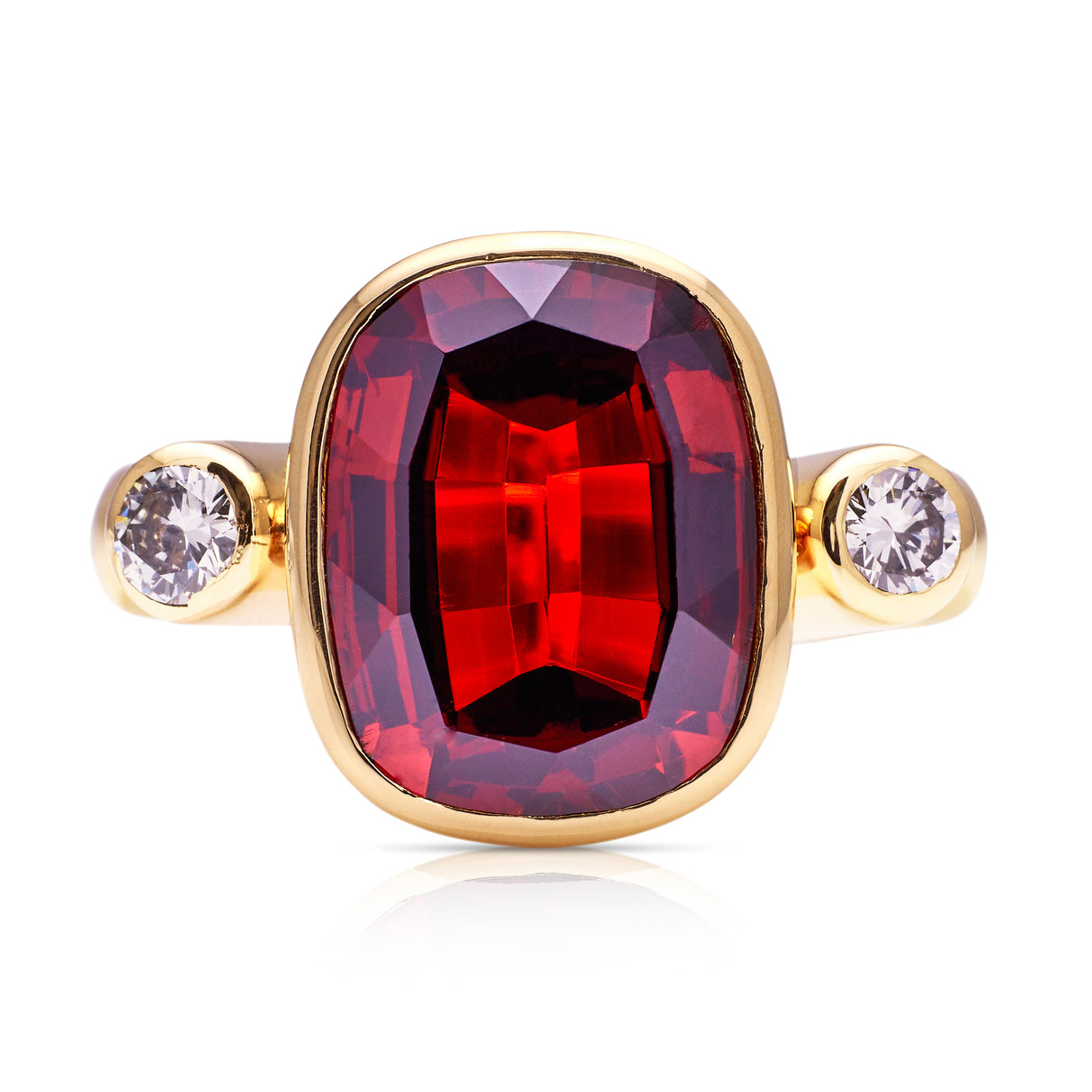 Red zircon and diamond ring, front view. 