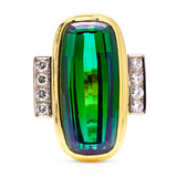 Vintage, Large 10ct Chrome Green Tourmaline and Diamond Cocktail Ring, 18ct Yellow Gold front view