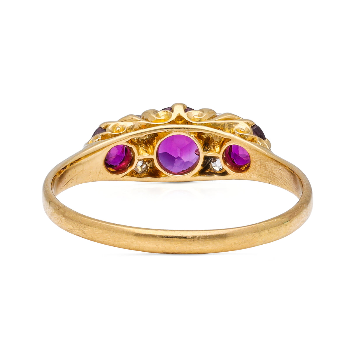 Antique Edwardian three stone ruby and diamond ring, rear view. 