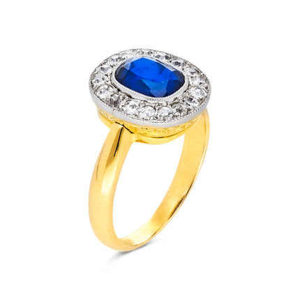 Antique Royal Blue Sapphire and Diamond Cluster Engagement Ring