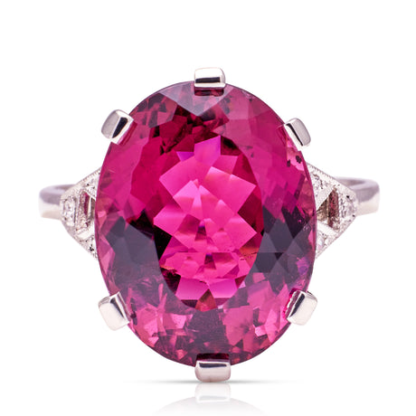 rubellite red tourmaline art deco ring, front view. 