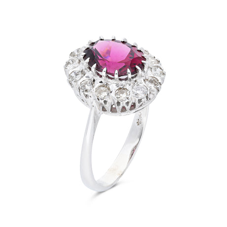red tourmaline and diamond cluster ring, side view. 