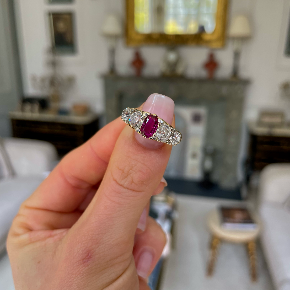 Victorian, oval-cut Burmese ruby & diamond five-stone engagement ring