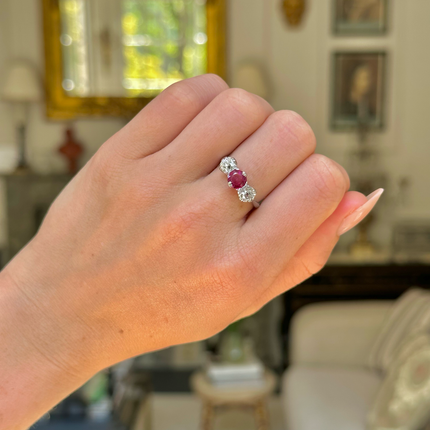 Art Deco, Burmese Ruby and Diamond Three Stone Engagement Ring, 18ct White Gold, Platinum