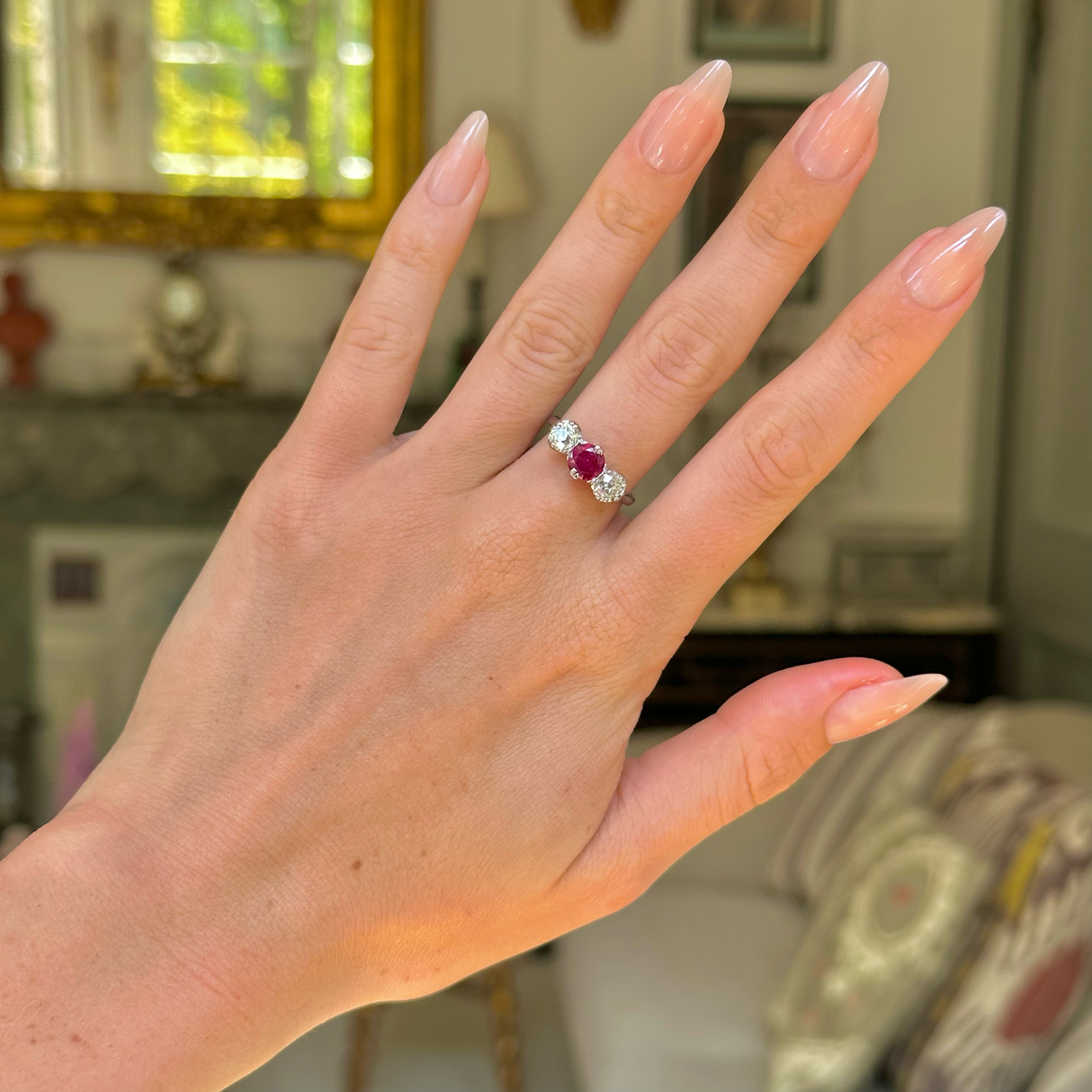 Art Deco, Burmese Ruby and Diamond Three Stone Engagement Ring, 18ct White Gold, Platinum