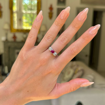 Art Deco, Burmese Ruby and Diamond Three Stone Engagement Ring, 18ct White Gold, Platinum