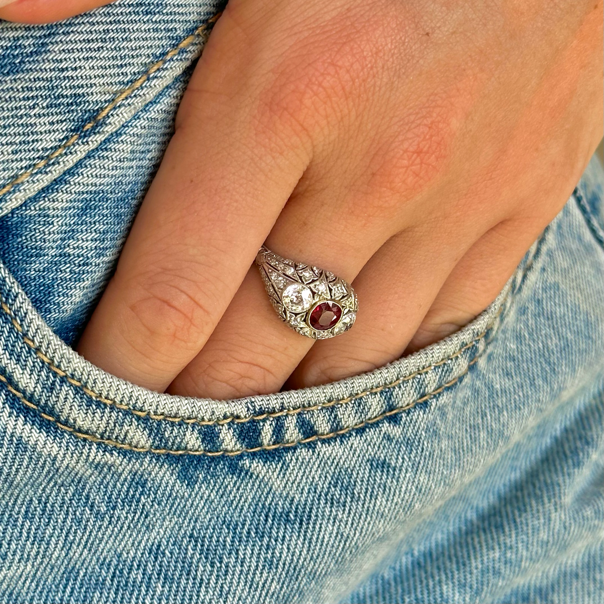 Antique | Belle Époque, Platinum, Ruby and Diamond Bombé Ring