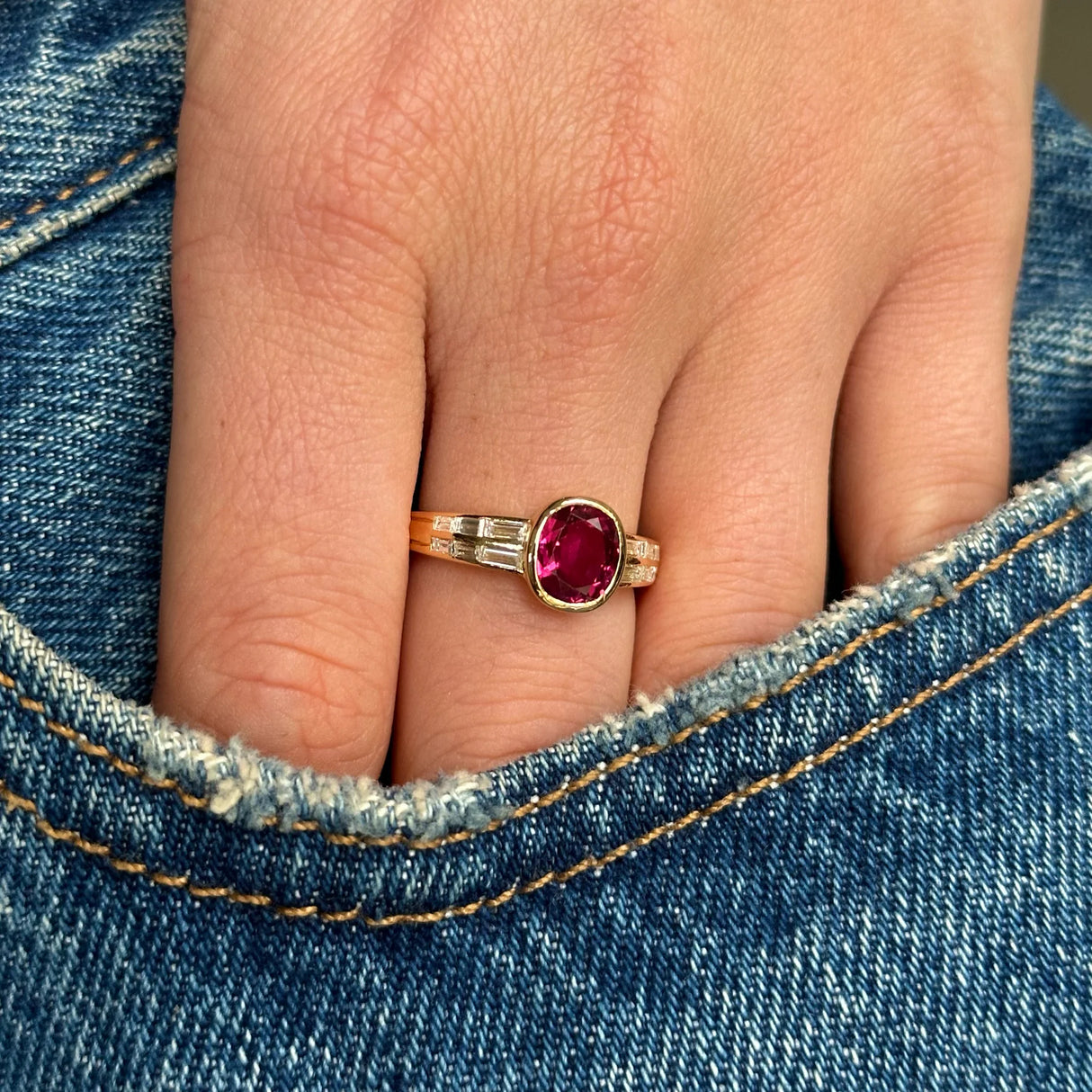 Vintage, cushion-cut ruby and diamond ring