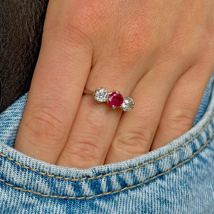 Art Deco, Burmese Ruby and Diamond Three Stone Engagement Ring, 18ct White Gold, Platinum