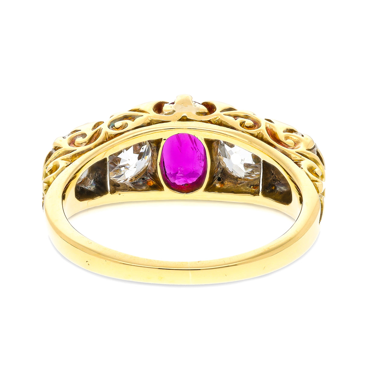 Victorian, oval-cut Burmese ruby & diamond five-stone engagement ring