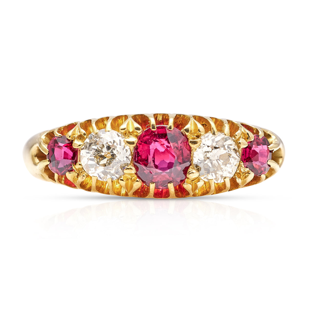 Antique, Victorian Five Stone Ruby and Diamond Ring, 18ct Yellow Gold