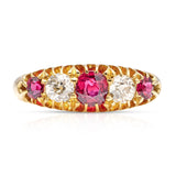 Antique, Victorian five stone ruby and diamond ring, 18ct yellow gold