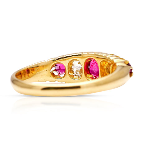 Antique, Victorian Five Stone Ruby and Diamond Ring, 18ct Yellow Gold