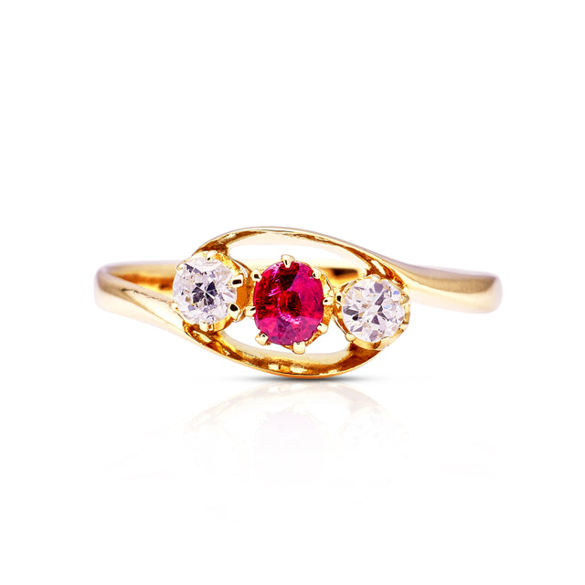 Antique, Three-Stone Ruby and Diamond Engagement Ring, 18ct Yellow Gold front view