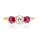 Antique, Edwardian three-stone ruby and diamond engagement ring, 18ct yellow gold and platinum