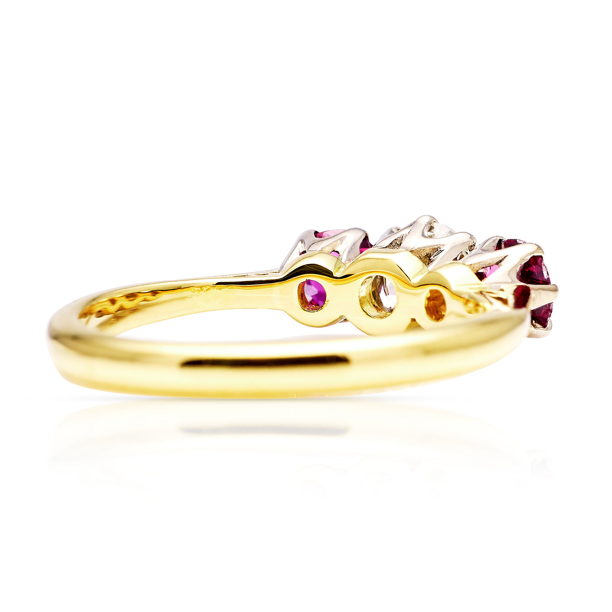 Antique, Edwardian three-stone ruby and diamond engagement ring, 18ct yellow gold and platinum