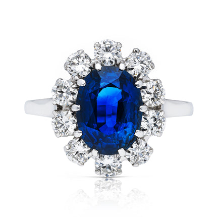 Vintage, 3.80ct Oval Blue Sapphire and Diamond Cluster Ring, 18ct White Gold