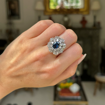 1950s Oval Blue Sapphire and Diamond Ballerina Cluster Ring, 18ct White Gold