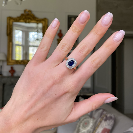 Antique Royal Blue Sapphire and Diamond Cluster Engagement Ring