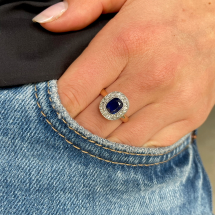 Antique Royal Blue Sapphire and Diamond Cluster Engagement Ring