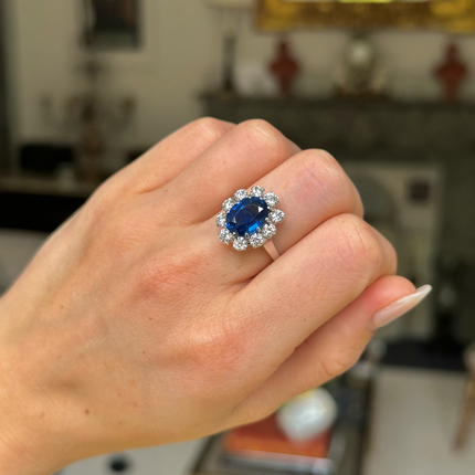 Vintage, 3.80ct Oval Blue Sapphire and Diamond Cluster Ring, 18ct White Gold