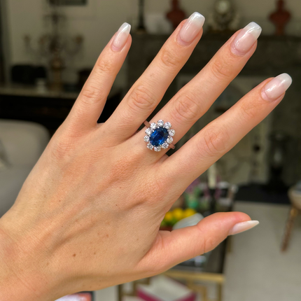Vintage, 3.80ct Oval Blue Sapphire and Diamond Cluster Ring, 18ct White Gold