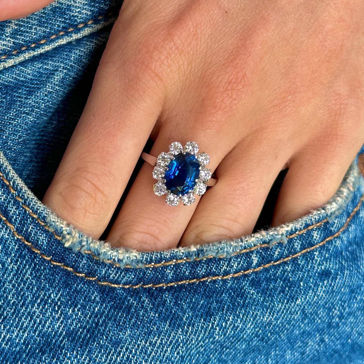 Vintage, 3.80ct oval blue sapphire & diamond cluster ring, 18ct white gold