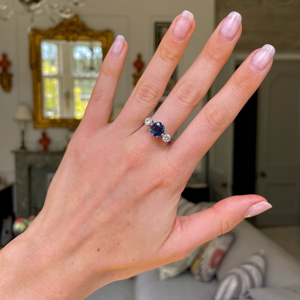 Burma Blue Sapphire and Diamond Three Stone Engagement Ring