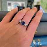 Burma Blue Sapphire and Diamond Three Stone Engagement Ring, Platinum