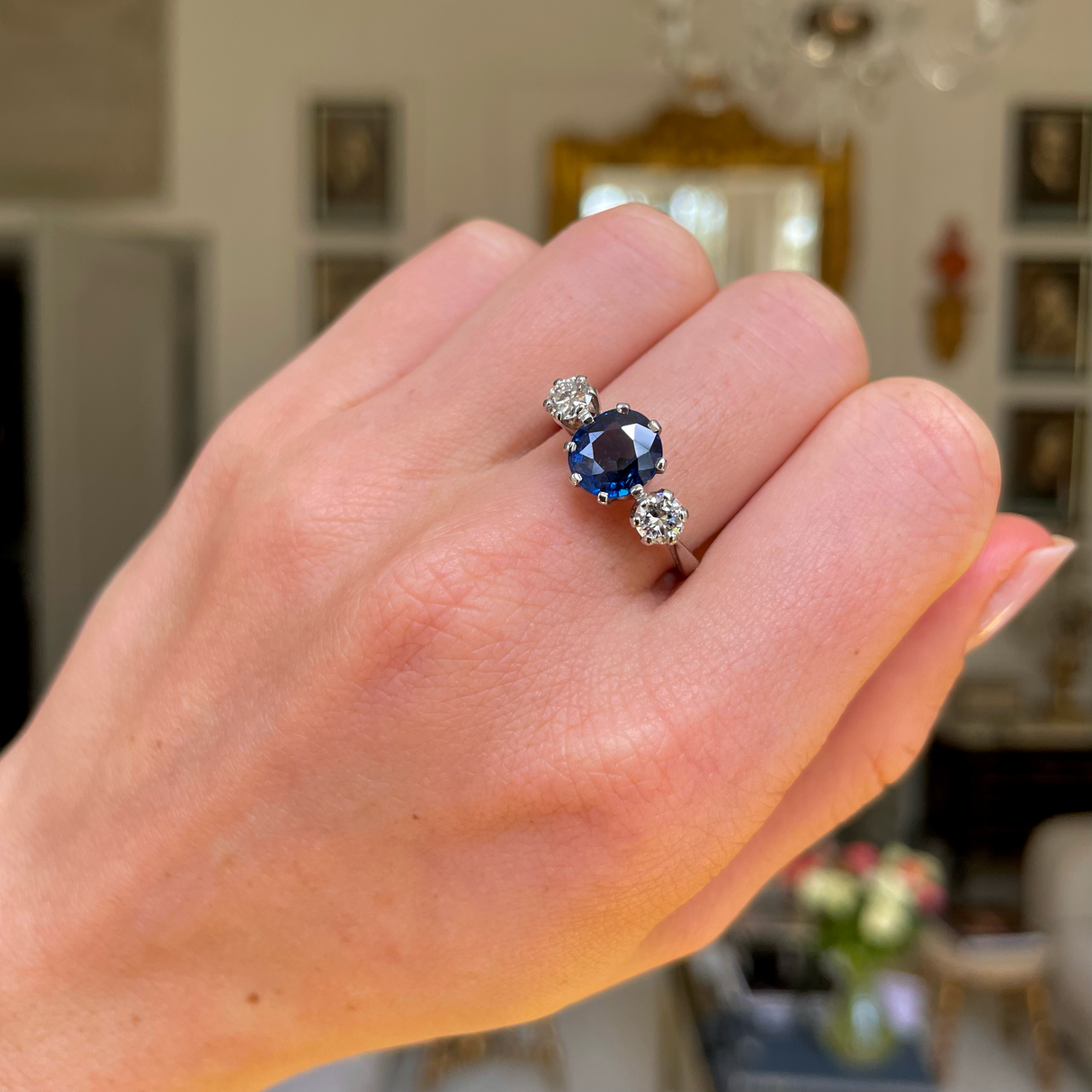 Burma Blue Sapphire and Diamond Three Stone Engagement Ring, Platinum