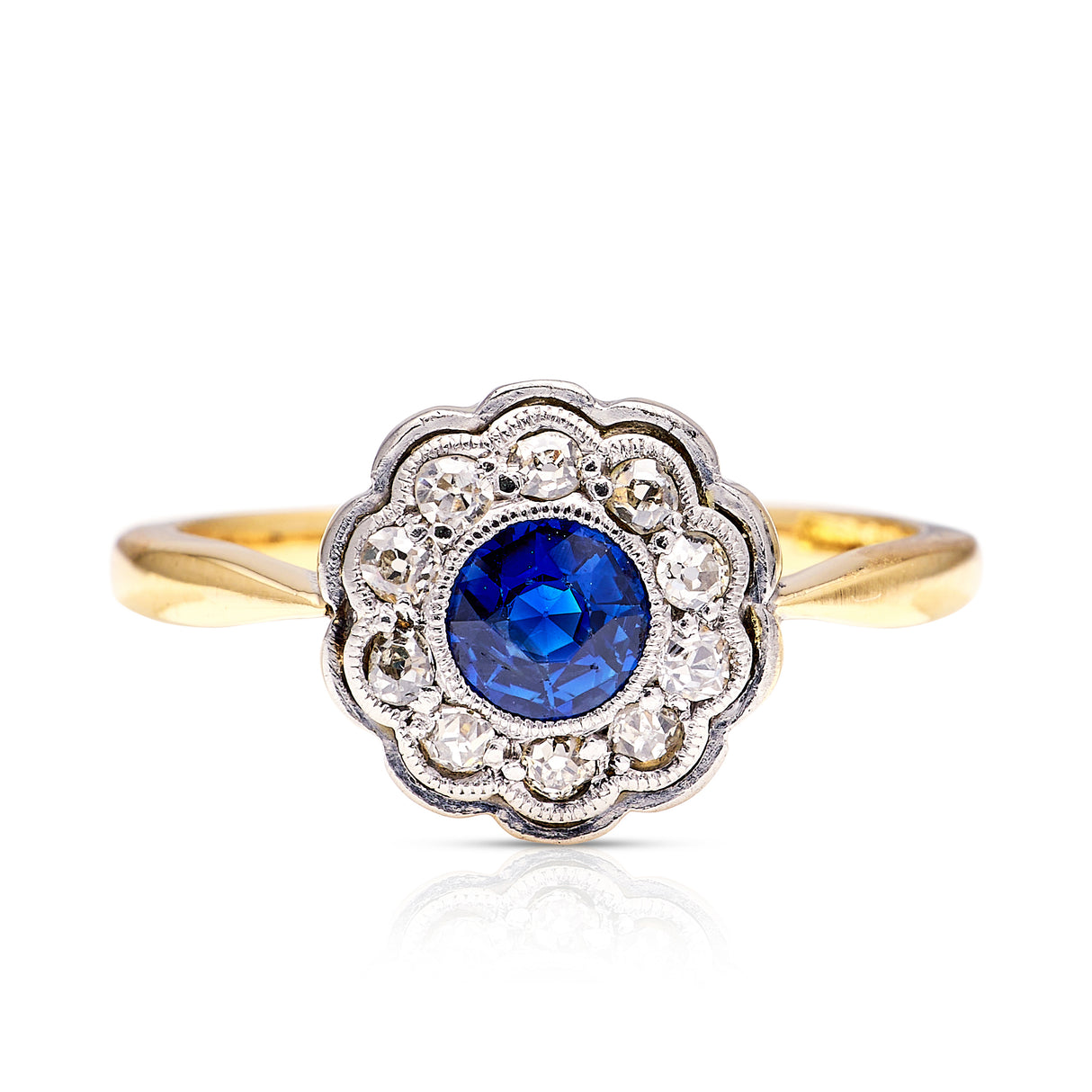 Antique, Edwardian sapphire and diamond cluster ring, 18ct yellow gold and platinum