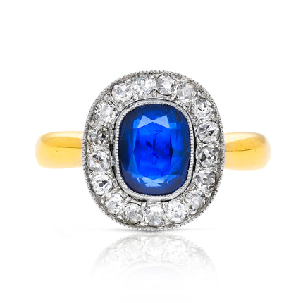 Antique Royal Blue Sapphire and Diamond Cluster Engagement Ring